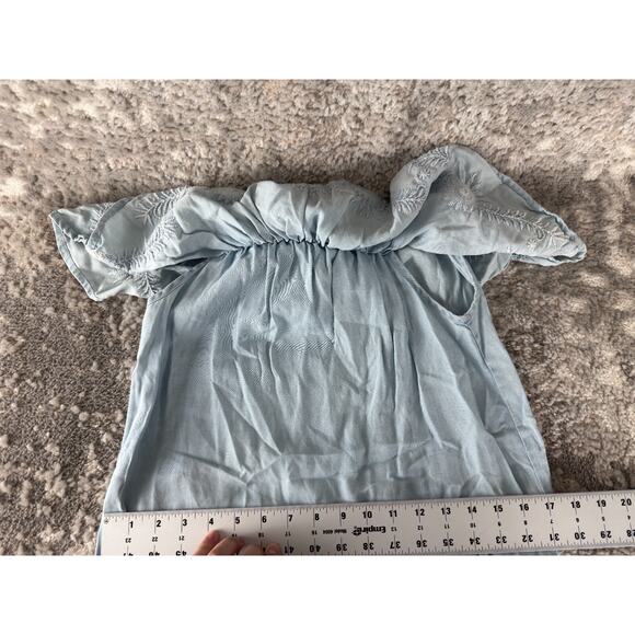 Beach Lunch Lounge Sz XS Floral Embroidered Boho Ruffle Neckline Mini Dress Blue - Picture 5 of 8